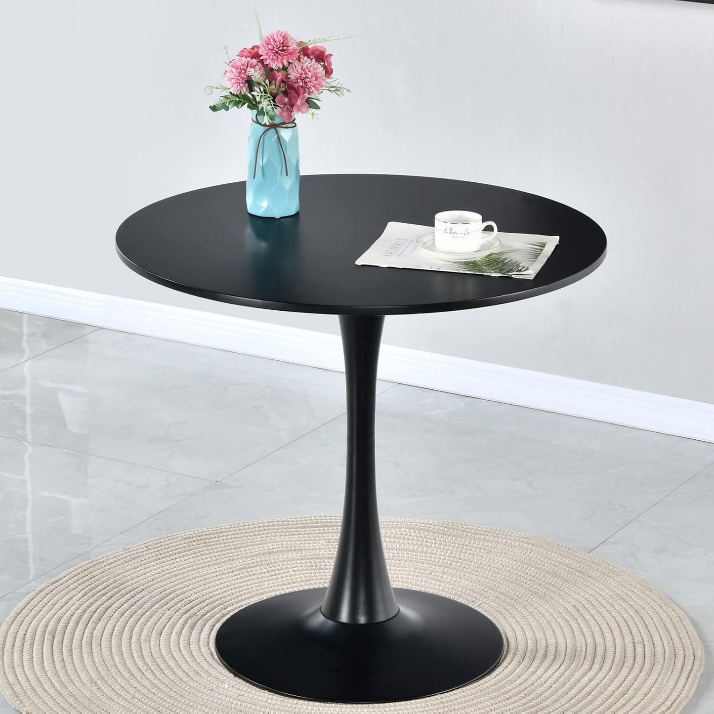 Black round Dining Table,Modern Tulip Dining Room Table with MDF Top,Metal Pedestal End Table Leisure Coffee Table Kitchen Table Small Office Table for 2 or 4 Person,31.5" W,29.5" H
