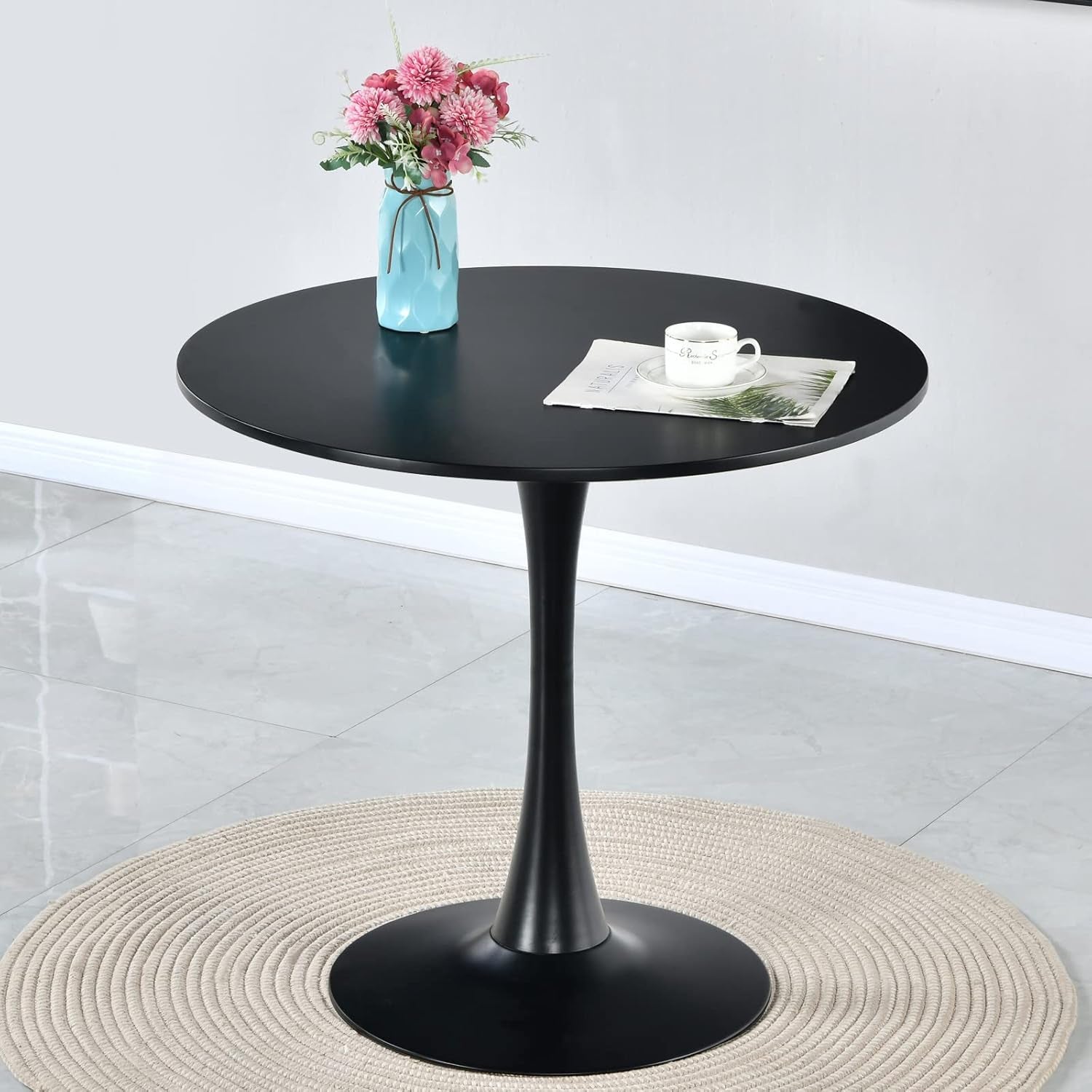 Black round Dining Table,Modern Tulip Dining Room Table with MDF Top,Metal Pedestal End Table Leisure Coffee Table Kitchen Table Small Office Table for 2 or 4 Person,31.5" W,29.5" H
