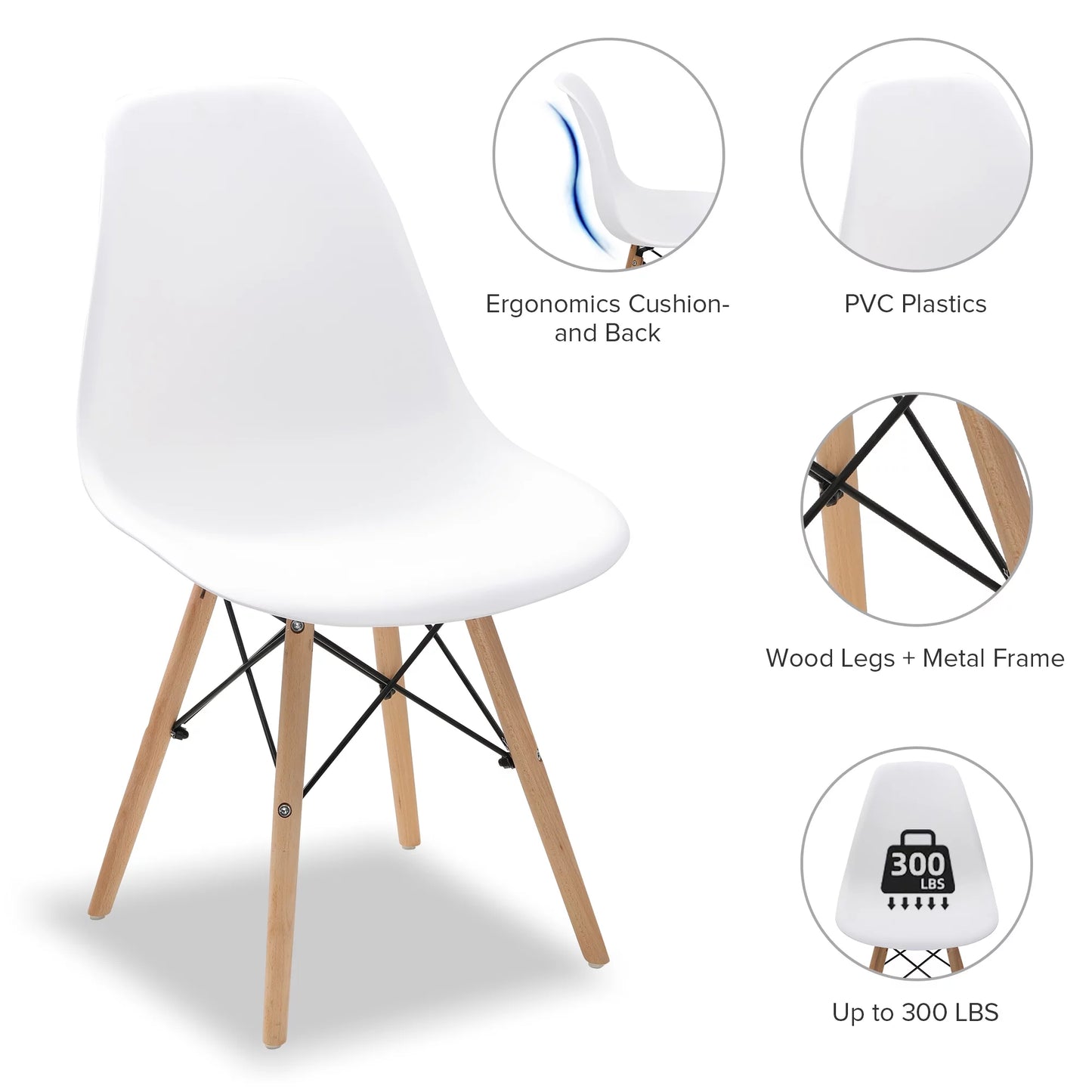 Dining Chair PVC Plastic Lounge Chair Kitchen Dining Room Chair, White Set of 4