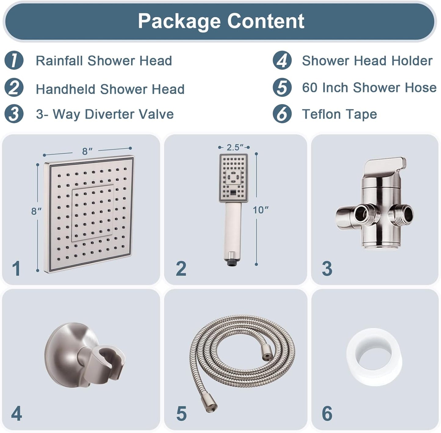Rain Shower Head with Handheld Spray, 8 Inch Rainfall Shower Head Combo with 60" Hose, Adjustable Dual Square Showerhead Set with 3-Way Diverter, Wall Bracket, Brushed Nickel