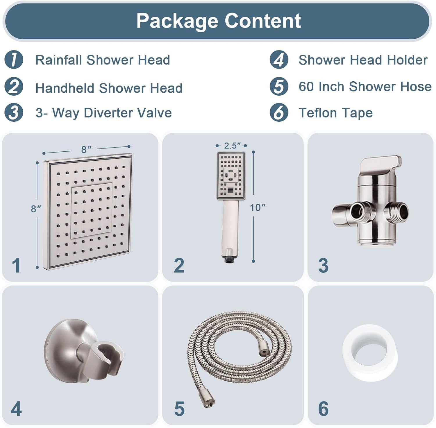 Rain Shower Head with Handheld Spray, 8 Inch Rainfall Shower Head Combo with 60" Hose, Adjustable Dual Square Showerhead Set with 3-Way Diverter, Wall Bracket, Brushed Nickel