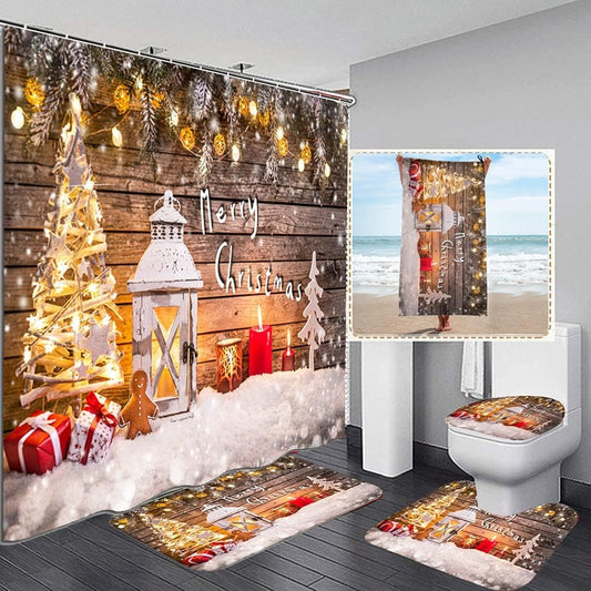 5 Pcs Wood Light Snow Christmas Tree Decor Merry Christmas Shower Curtain Sets with Rugs and Towels, Toilet Lid Cover, Bath Mat Festive Colorful Xmas Elements Bathroom Set
