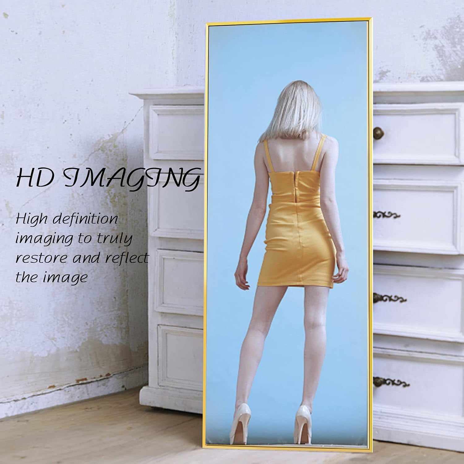 Full Length Mirror Floor Mirror Hanging Standing or Leaning Full Body Dressing Mirror with Gold Aluminum Alloy Frame, Bedroom, Living Room Mirror Wall-Mounted 59" X 16"
