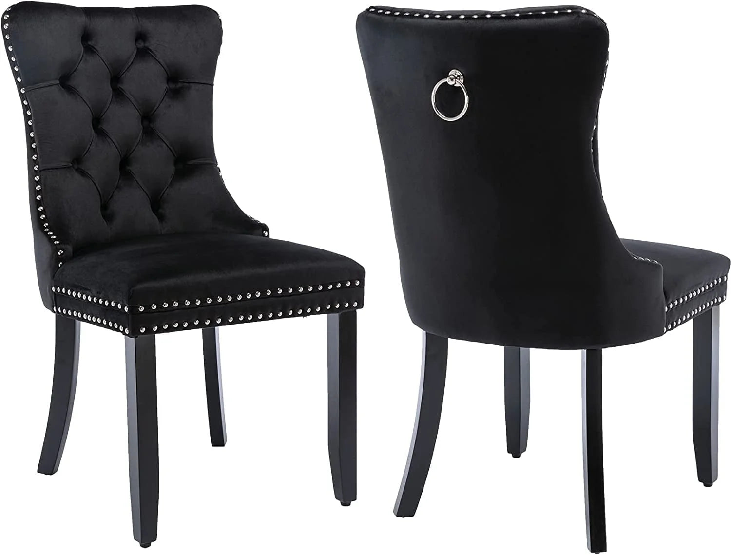 Black Velvet Dining Chairs Set of 2, Kitchen & Dining Room Chairs, Sillas De Comedor, Nailheads Tufted, Velvet Upholstered, Solid Wood (Black, 2 Pcs)